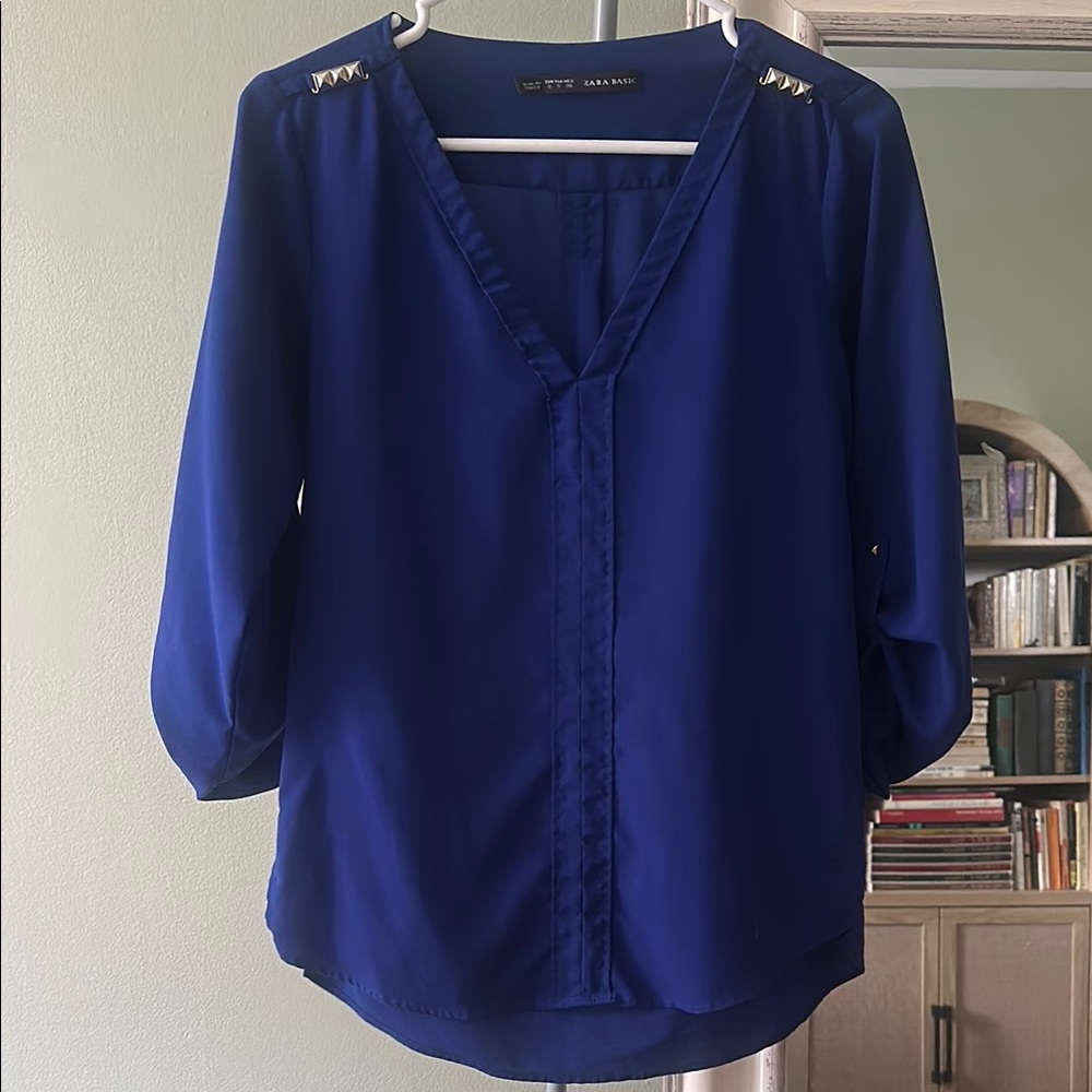 Zara Blue Ruched Buttoned Blouse